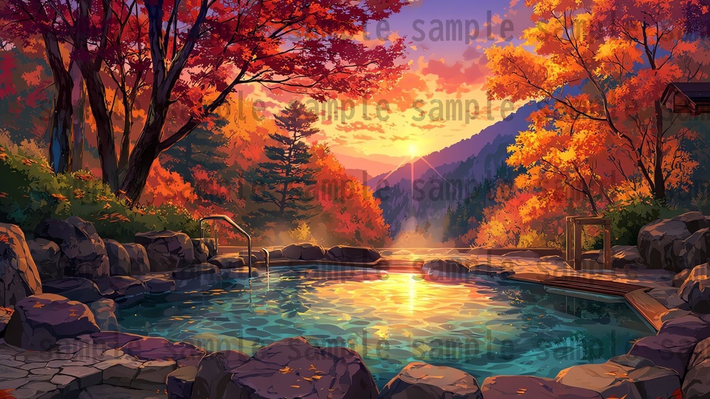 【120種/360枚】露天風呂の風景イラスト 季節・時間帯別【著作権フリー素材】春夏秋冬・昼・夕・夜の背景画