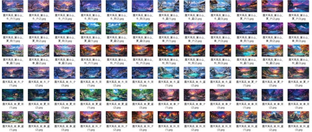 【120種/360枚】露天風呂の風景イラスト 季節・時間帯別【著作権フリー素材】春夏秋冬・昼・夕・夜の背景画