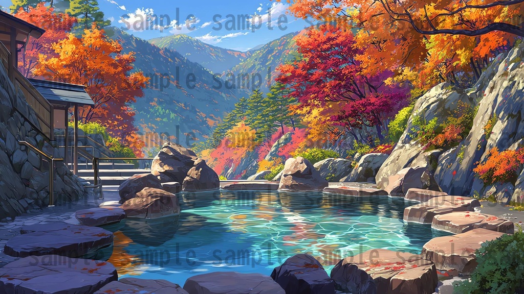 【120種/360枚】露天風呂の風景イラスト 季節・時間帯別【著作権フリー素材】春夏秋冬・昼・夕・夜の背景画