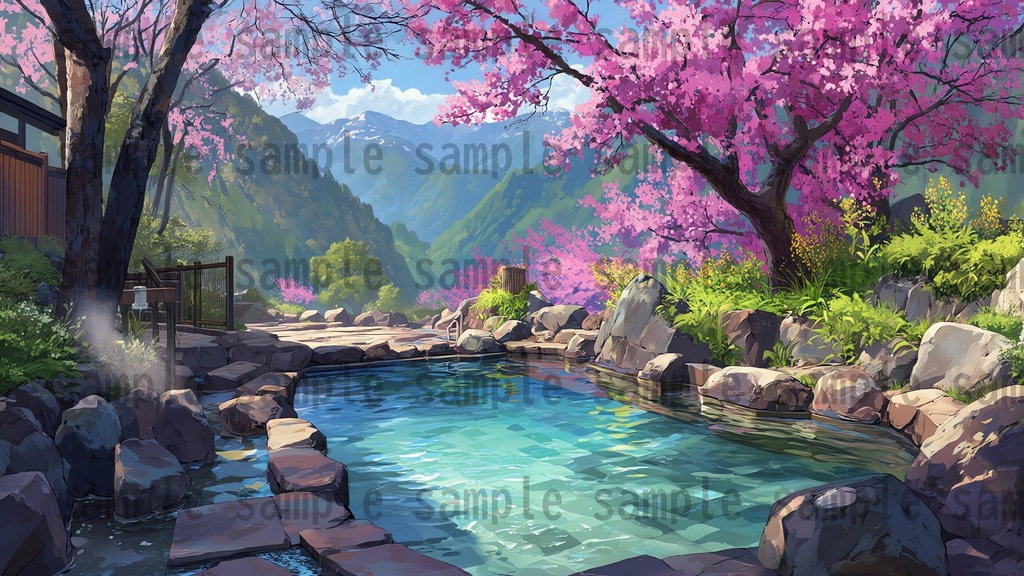 【120種/360枚】露天風呂の風景イラスト 季節・時間帯別【著作権フリー素材】春夏秋冬・昼・夕・夜の背景画