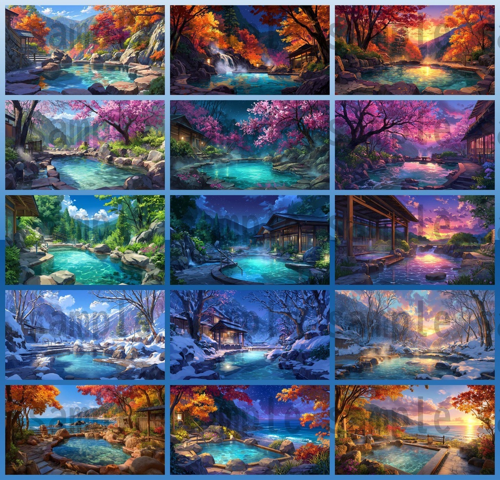 【120種/360枚】露天風呂の風景イラスト 季節・時間帯別【著作権フリー素材】春夏秋冬・昼・夕・夜の背景画