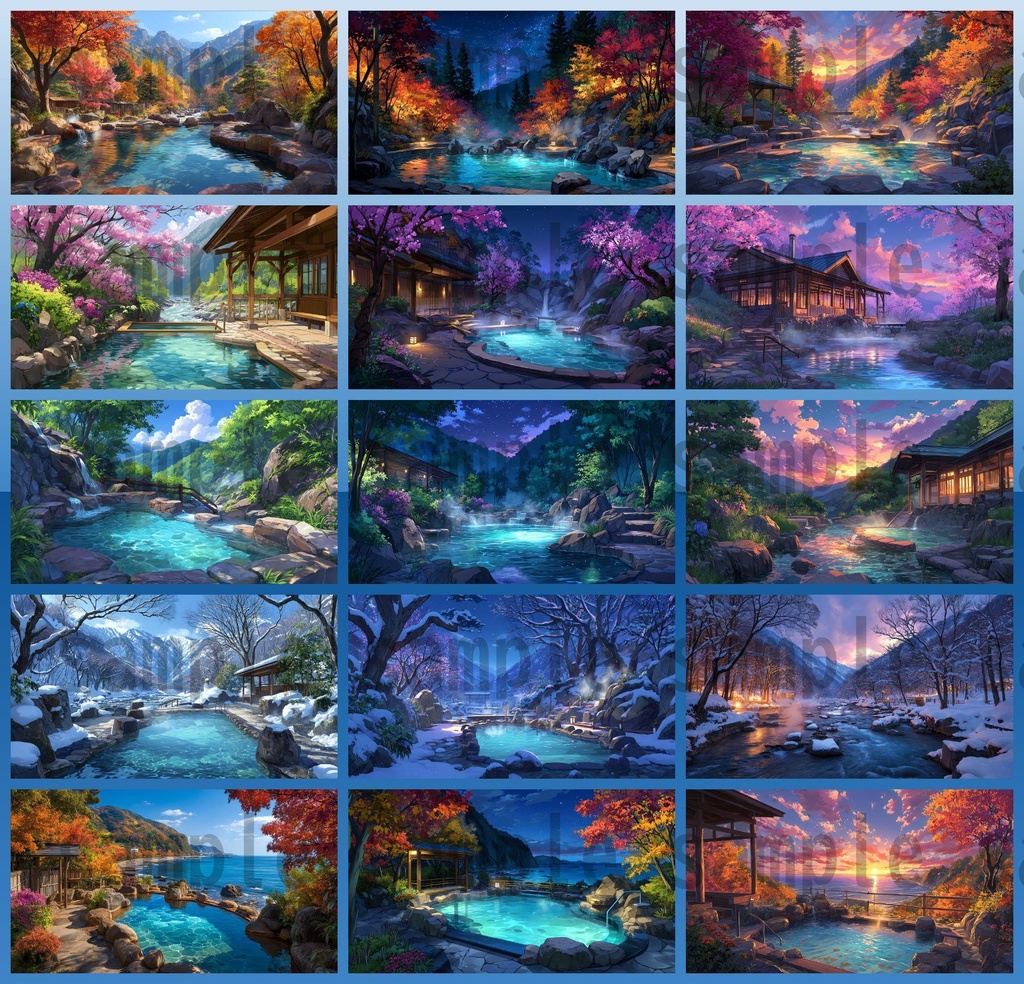 【120種/360枚】露天風呂の風景イラスト 季節・時間帯別【著作権フリー素材】春夏秋冬・昼・夕・夜の背景画