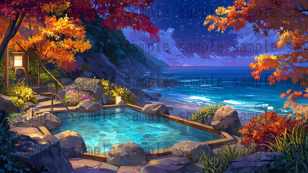 【120種/360枚】露天風呂の風景イラスト 季節・時間帯別【著作権フリー素材】春夏秋冬・昼・夕・夜の背景画