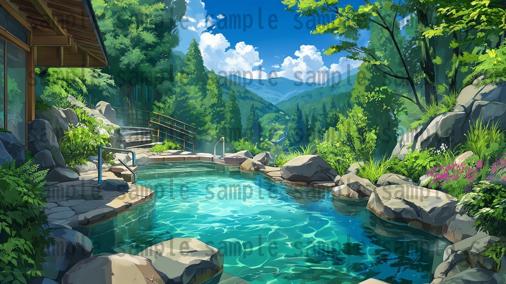 【120種/360枚】露天風呂の風景イラスト 季節・時間帯別【著作権フリー素材】春夏秋冬・昼・夕・夜の背景画