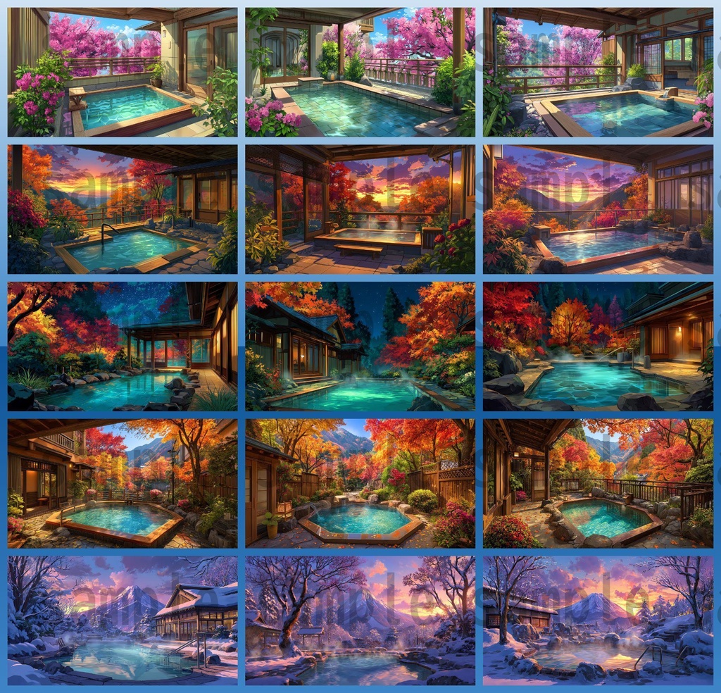 【120種/360枚】露天風呂の風景イラスト 季節・時間帯別【著作権フリー素材】春夏秋冬・昼・夕・夜の背景画