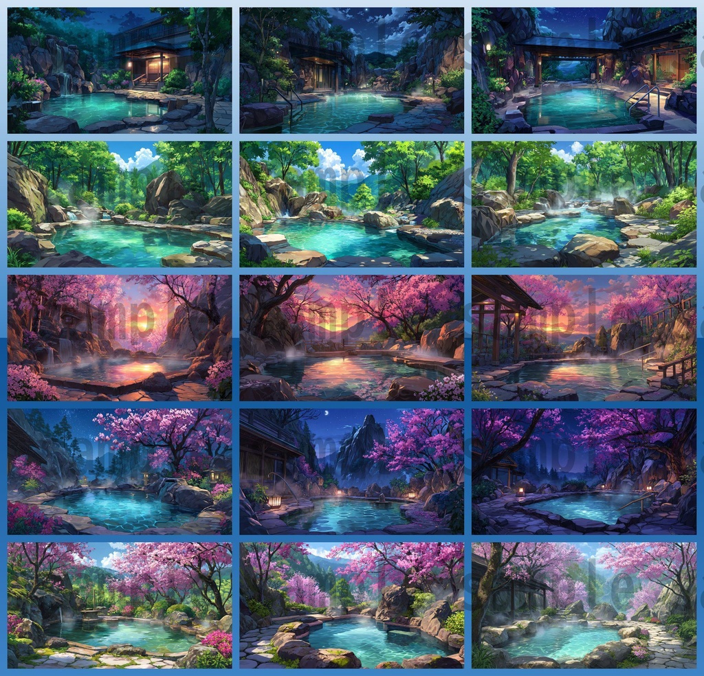 【120種/360枚】露天風呂の風景イラスト 季節・時間帯別【著作権フリー素材】春夏秋冬・昼・夕・夜の背景画