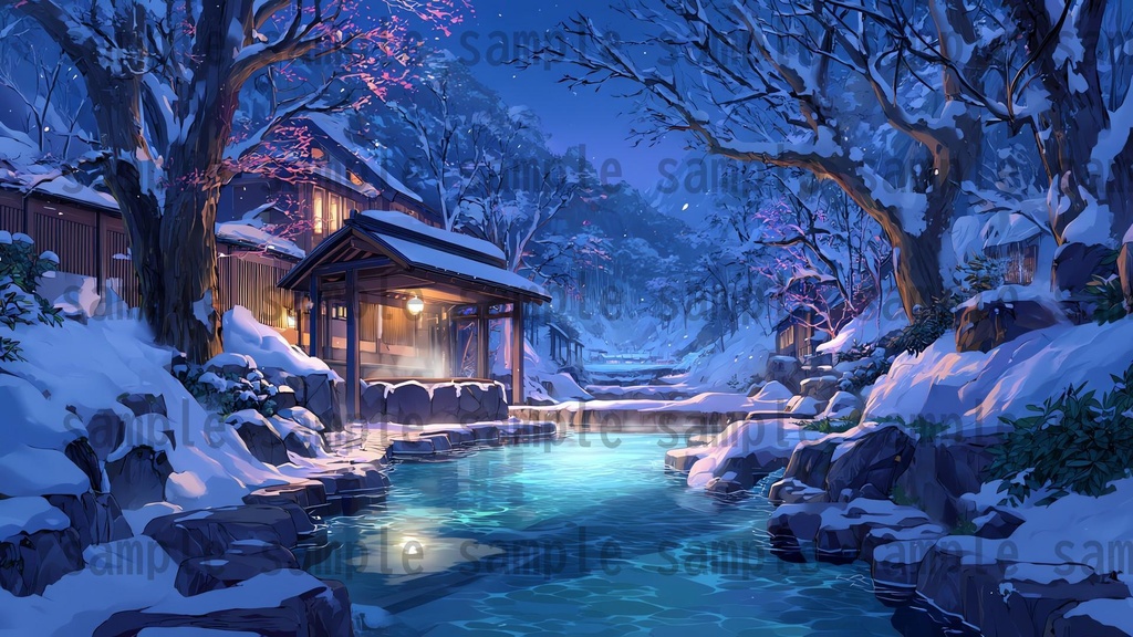 【120種/360枚】露天風呂の風景イラスト 季節・時間帯別【著作権フリー素材】春夏秋冬・昼・夕・夜の背景画