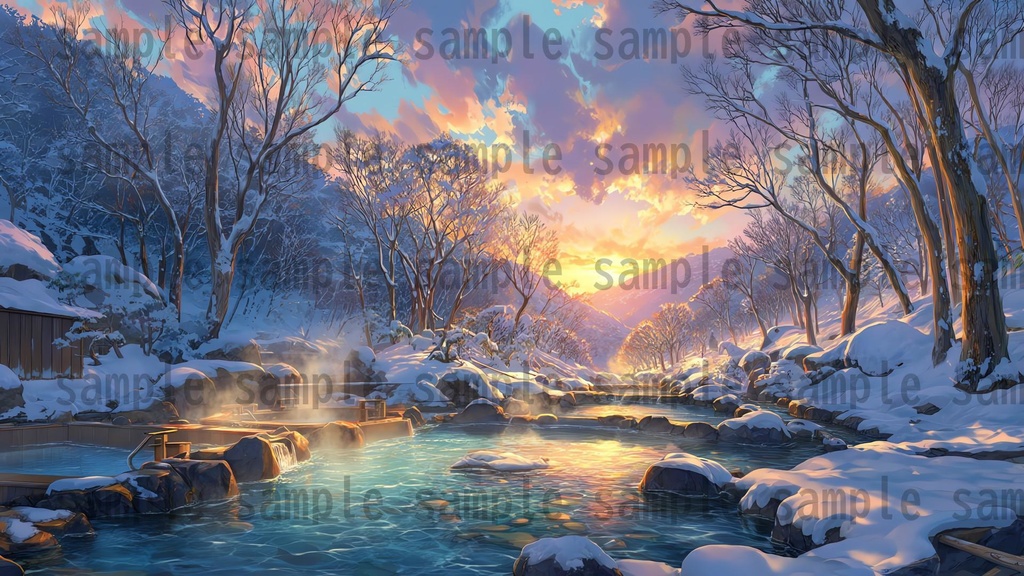 【120種/360枚】露天風呂の風景イラスト 季節・時間帯別【著作権フリー素材】春夏秋冬・昼・夕・夜の背景画