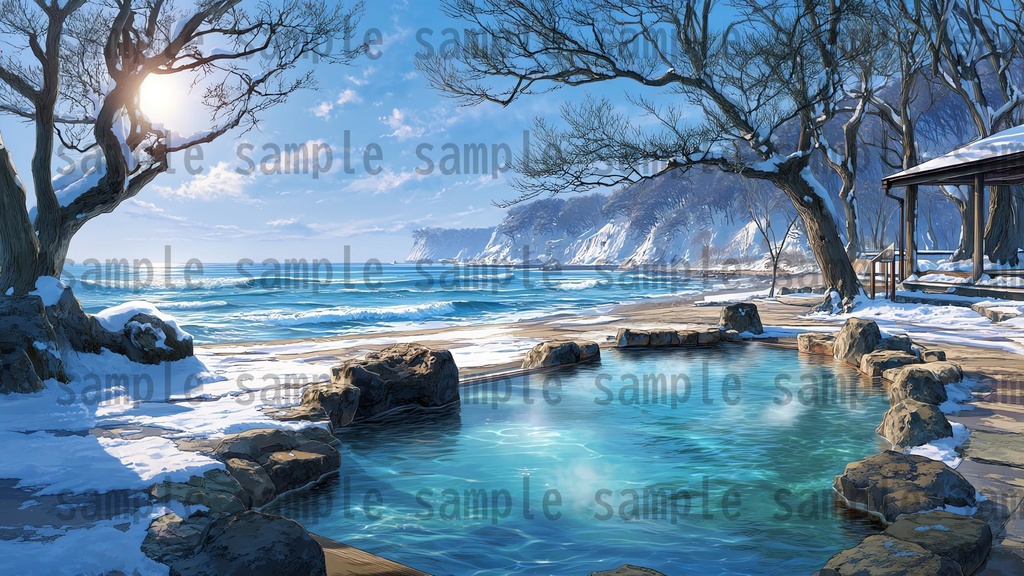 【120種/360枚】露天風呂の風景イラスト 季節・時間帯別【著作権フリー素材】春夏秋冬・昼・夕・夜の背景画