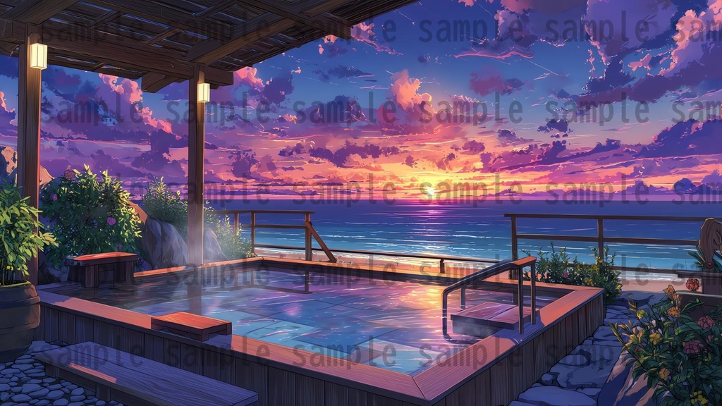 【120種/360枚】露天風呂の風景イラスト 季節・時間帯別【著作権フリー素材】春夏秋冬・昼・夕・夜の背景画