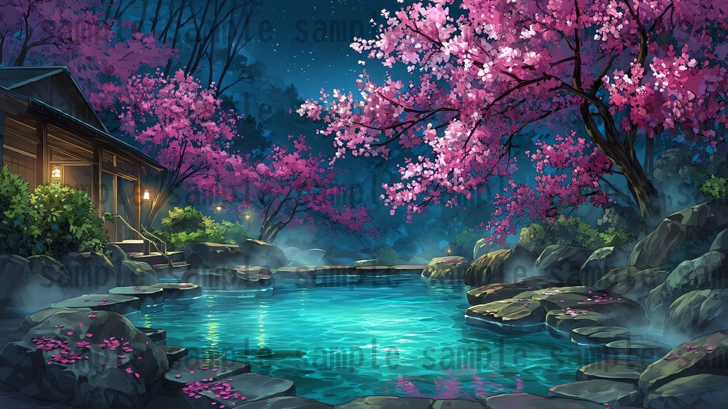 【120種/360枚】露天風呂の風景イラスト 季節・時間帯別【著作権フリー素材】春夏秋冬・昼・夕・夜の背景画