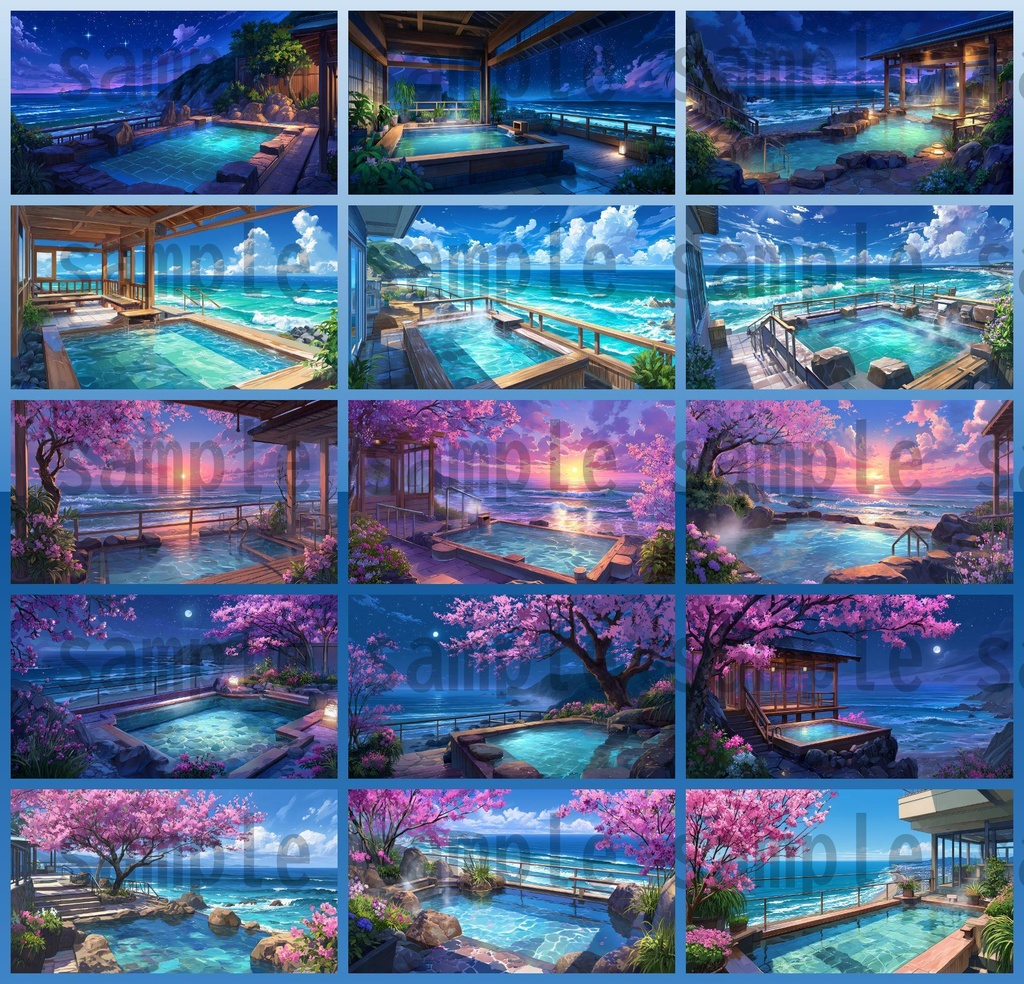 【120種/360枚】露天風呂の風景イラスト 季節・時間帯別【著作権フリー素材】春夏秋冬・昼・夕・夜の背景画