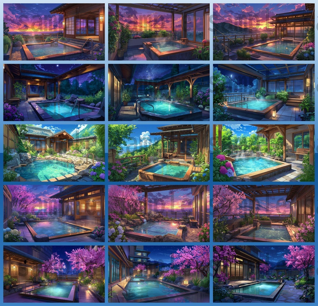 【120種/360枚】露天風呂の風景イラスト 季節・時間帯別【著作権フリー素材】春夏秋冬・昼・夕・夜の背景画