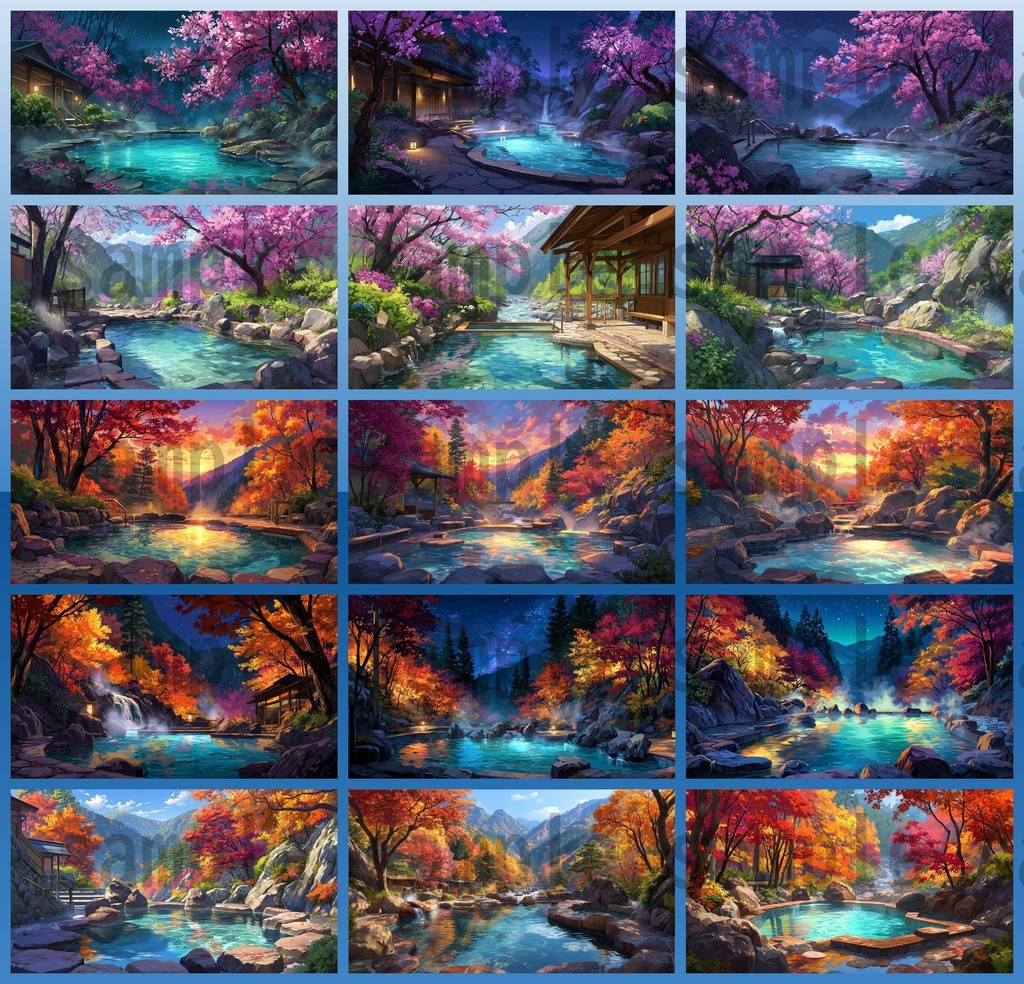 【120種/360枚】露天風呂の風景イラスト 季節・時間帯別【著作権フリー素材】春夏秋冬・昼・夕・夜の背景画