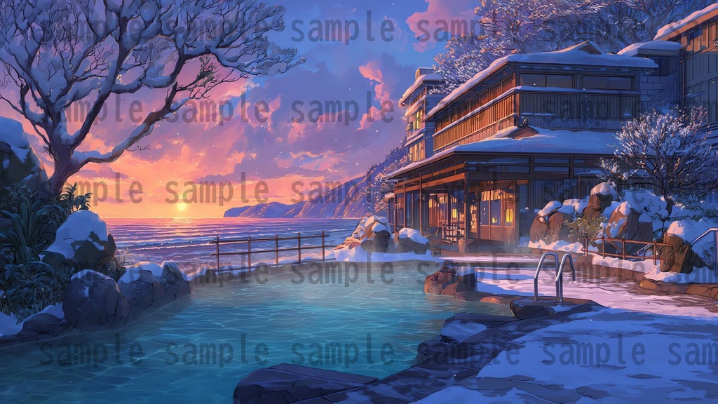 【120種/360枚】露天風呂の風景イラスト 季節・時間帯別【著作権フリー素材】春夏秋冬・昼・夕・夜の背景画
