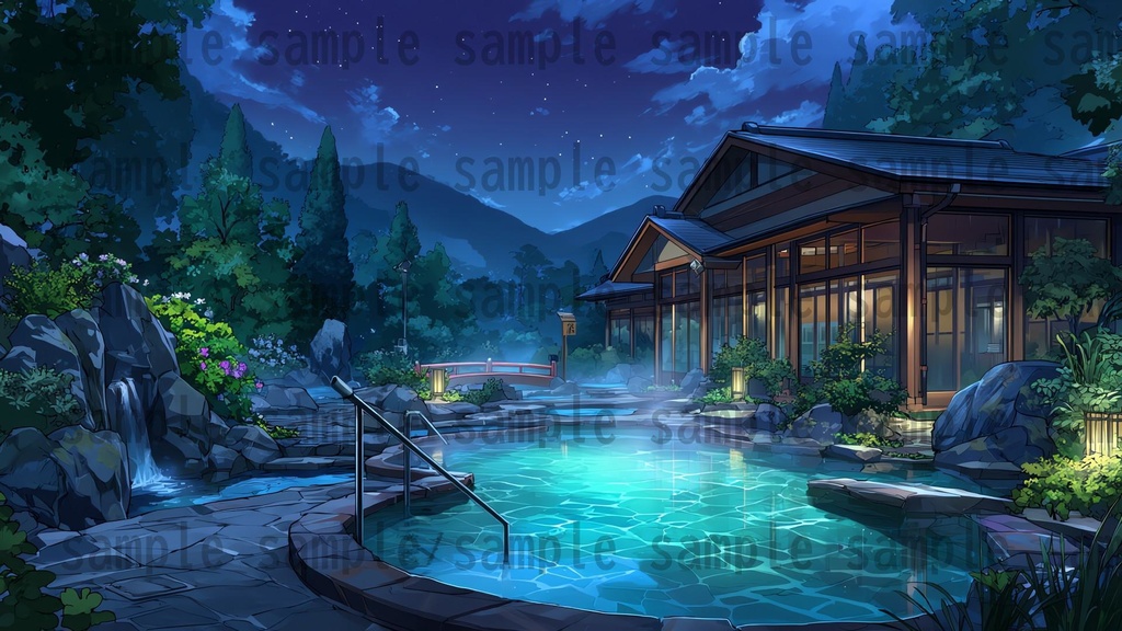 【120種/360枚】露天風呂の風景イラスト 季節・時間帯別【著作権フリー素材】春夏秋冬・昼・夕・夜の背景画