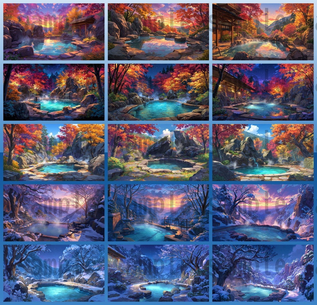 【120種/360枚】露天風呂の風景イラスト 季節・時間帯別【著作権フリー素材】春夏秋冬・昼・夕・夜の背景画