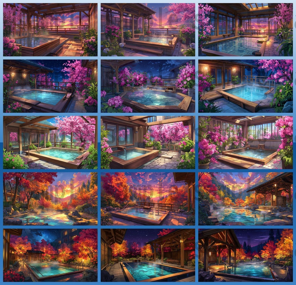 【120種/360枚】露天風呂の風景イラスト 季節・時間帯別【著作権フリー素材】春夏秋冬・昼・夕・夜の背景画