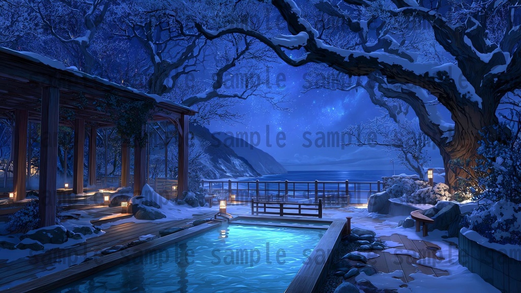 【120種/360枚】露天風呂の風景イラスト 季節・時間帯別【著作権フリー素材】春夏秋冬・昼・夕・夜の背景画