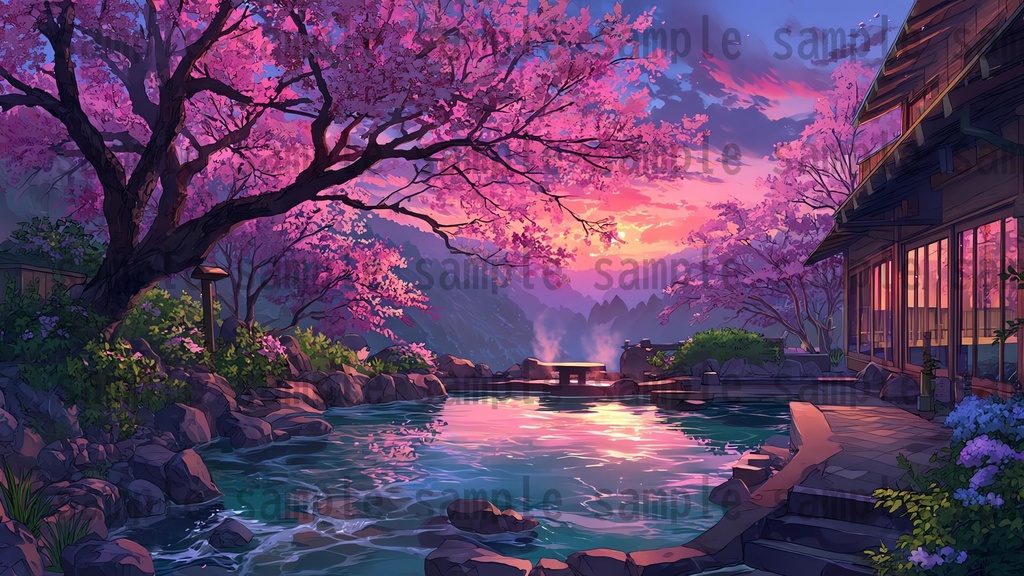 【120種/360枚】露天風呂の風景イラスト 季節・時間帯別【著作権フリー素材】春夏秋冬・昼・夕・夜の背景画