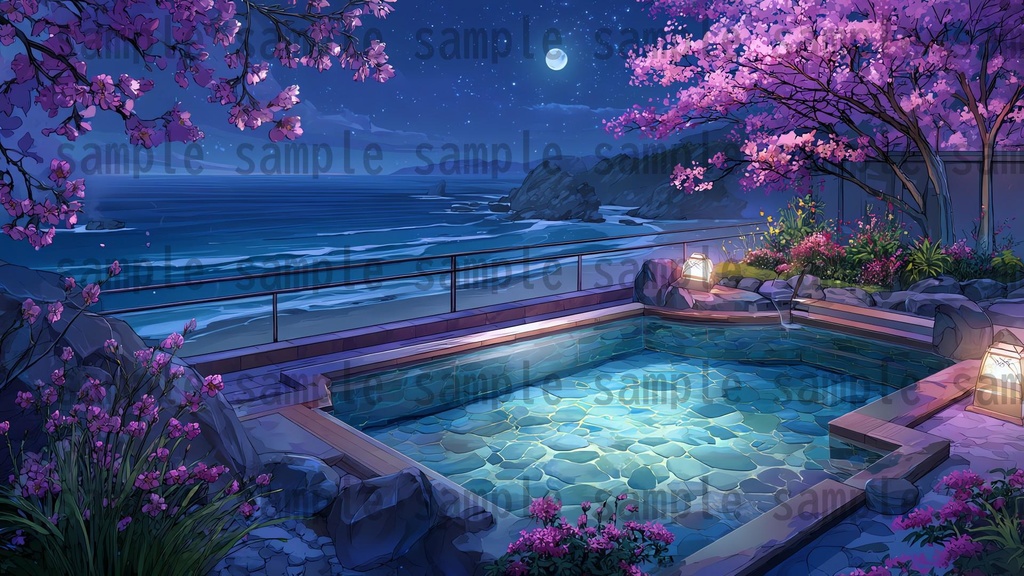 【120種/360枚】露天風呂の風景イラスト 季節・時間帯別【著作権フリー素材】春夏秋冬・昼・夕・夜の背景画