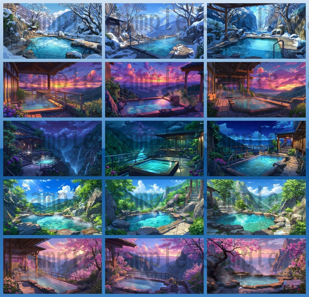 【120種/360枚】露天風呂の風景イラスト 季節・時間帯別【著作権フリー素材】春夏秋冬・昼・夕・夜の背景画