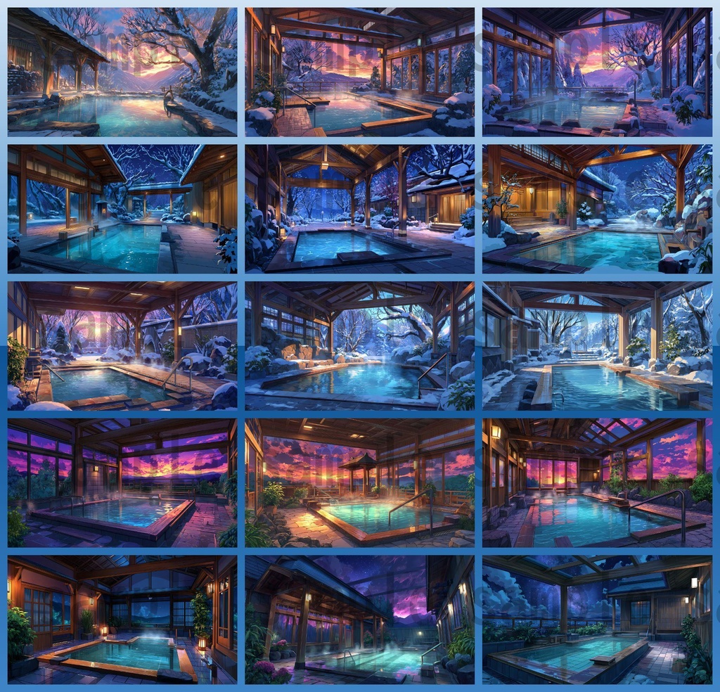 【120種/360枚】露天風呂の風景イラスト 季節・時間帯別【著作権フリー素材】春夏秋冬・昼・夕・夜の背景画