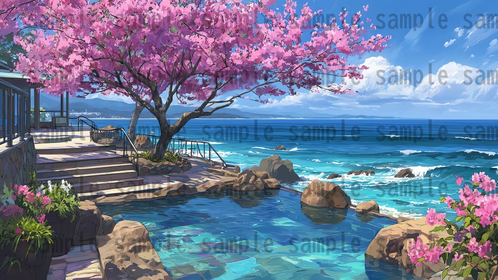 【120種/360枚】露天風呂の風景イラスト 季節・時間帯別【著作権フリー素材】春夏秋冬・昼・夕・夜の背景画