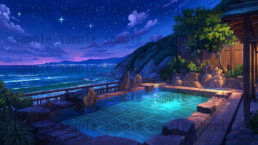 【120種/360枚】露天風呂の風景イラスト 季節・時間帯別【著作権フリー素材】春夏秋冬・昼・夕・夜の背景画
