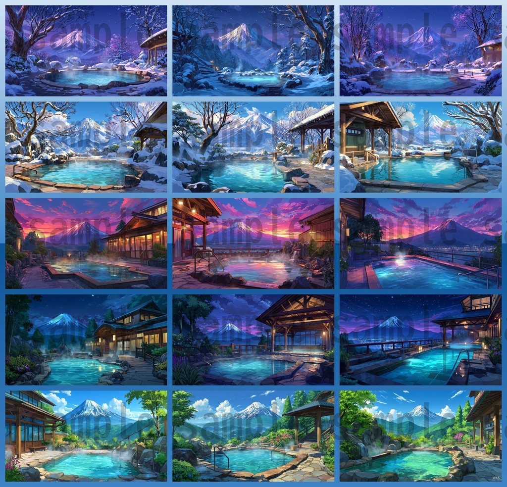 【120種/360枚】露天風呂の風景イラスト 季節・時間帯別【著作権フリー素材】春夏秋冬・昼・夕・夜の背景画