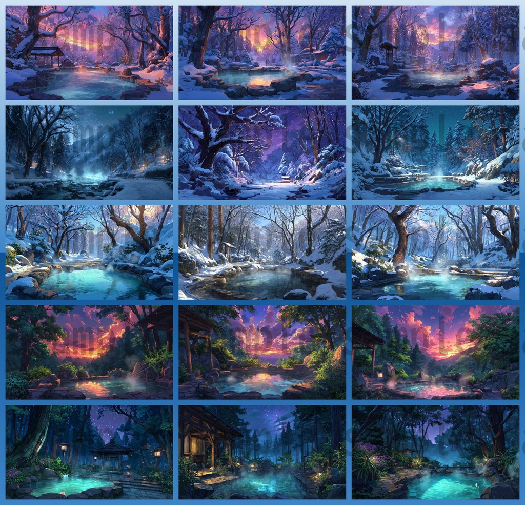 【120種/360枚】露天風呂の風景イラスト 季節・時間帯別【著作権フリー素材】春夏秋冬・昼・夕・夜の背景画