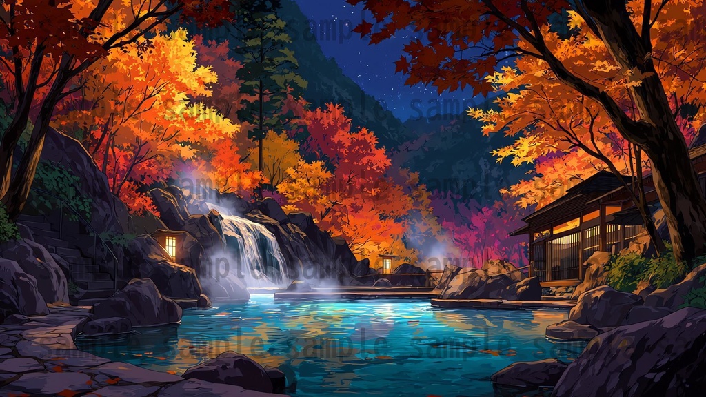 【120種/360枚】露天風呂の風景イラスト 季節・時間帯別【著作権フリー素材】春夏秋冬・昼・夕・夜の背景画