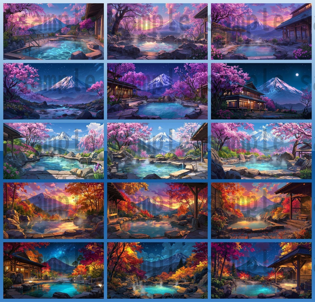 【120種/360枚】露天風呂の風景イラスト 季節・時間帯別【著作権フリー素材】春夏秋冬・昼・夕・夜の背景画