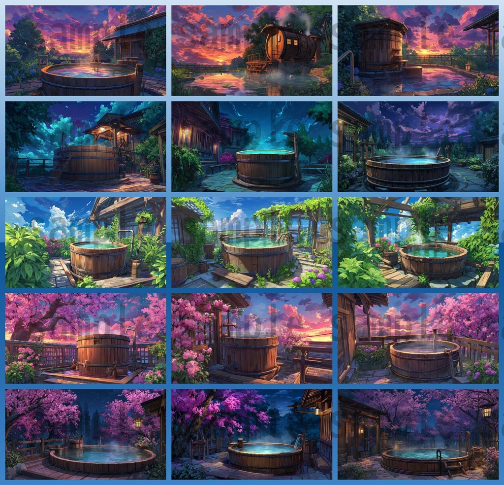 【120種/360枚】露天風呂の風景イラスト 季節・時間帯別【著作権フリー素材】春夏秋冬・昼・夕・夜の背景画