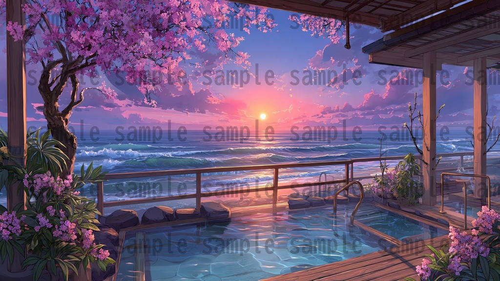 【120種/360枚】露天風呂の風景イラスト 季節・時間帯別【著作権フリー素材】春夏秋冬・昼・夕・夜の背景画