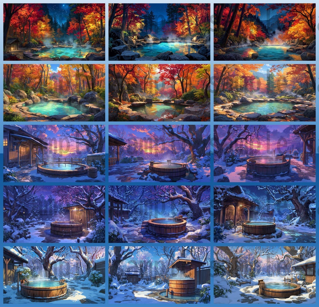 【120種/360枚】露天風呂の風景イラスト 季節・時間帯別【著作権フリー素材】春夏秋冬・昼・夕・夜の背景画