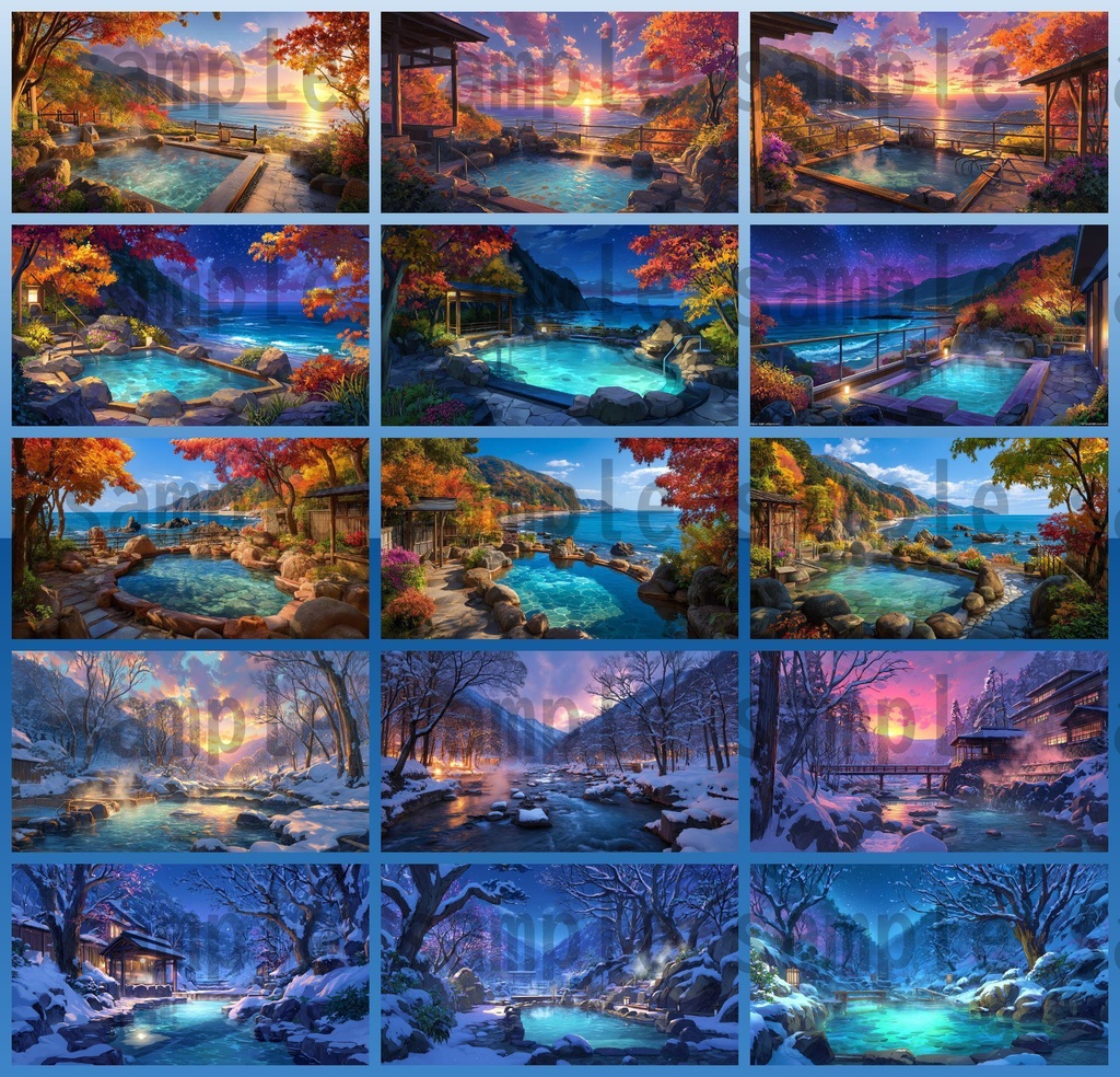 【120種/360枚】露天風呂の風景イラスト 季節・時間帯別【著作権フリー素材】春夏秋冬・昼・夕・夜の背景画