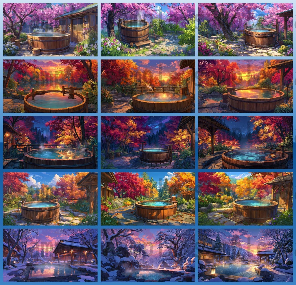 【120種/360枚】露天風呂の風景イラスト 季節・時間帯別【著作権フリー素材】春夏秋冬・昼・夕・夜の背景画