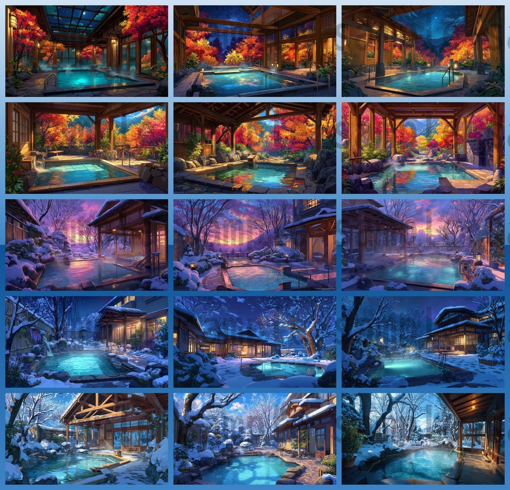 【120種/360枚】露天風呂の風景イラスト 季節・時間帯別【著作権フリー素材】春夏秋冬・昼・夕・夜の背景画