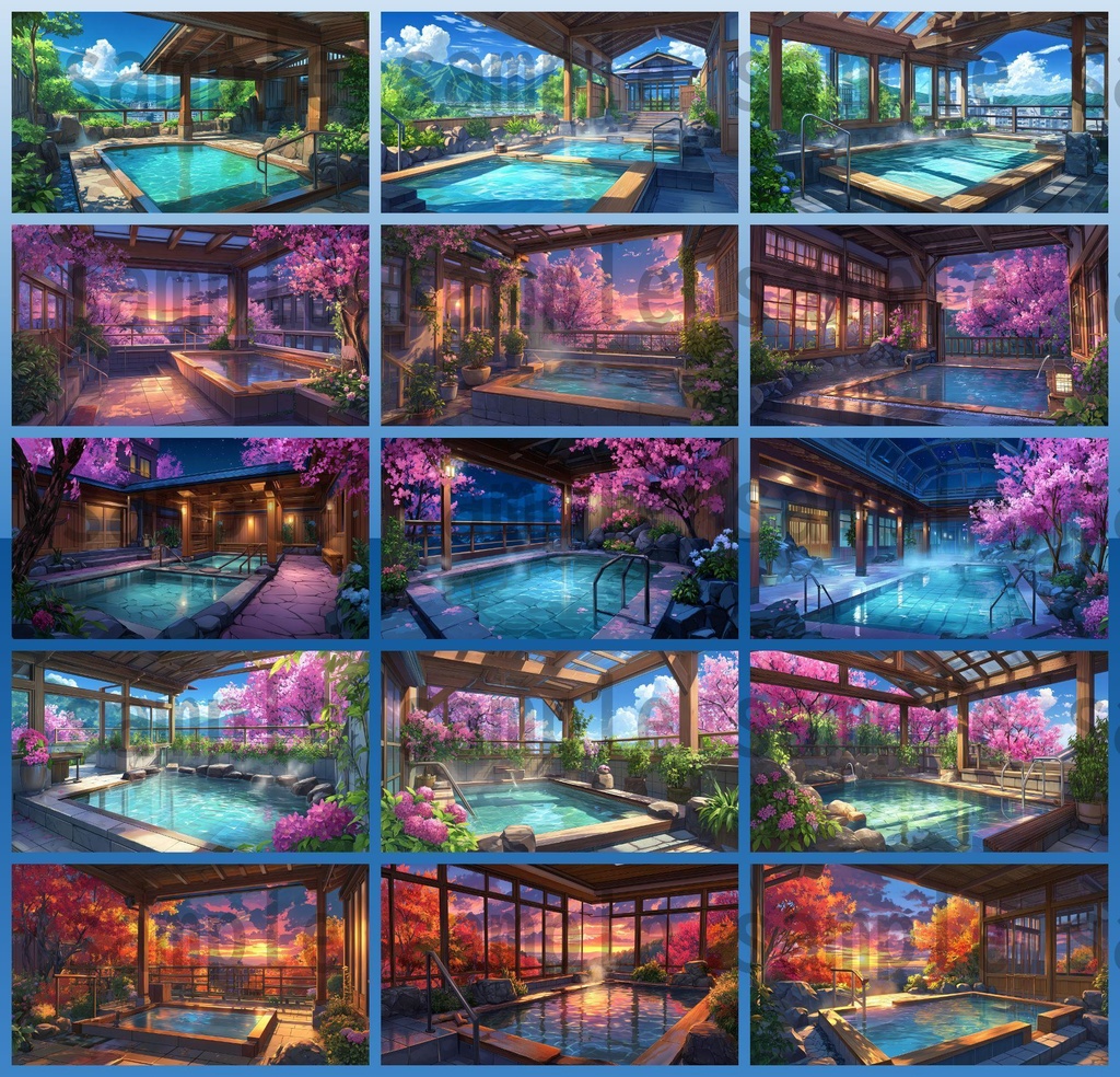 【120種/360枚】露天風呂の風景イラスト 季節・時間帯別【著作権フリー素材】春夏秋冬・昼・夕・夜の背景画