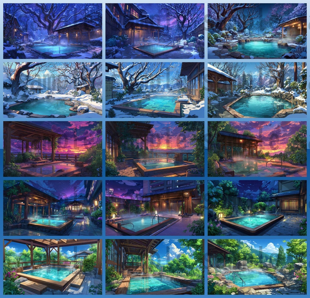 【120種/360枚】露天風呂の風景イラスト 季節・時間帯別【著作権フリー素材】春夏秋冬・昼・夕・夜の背景画