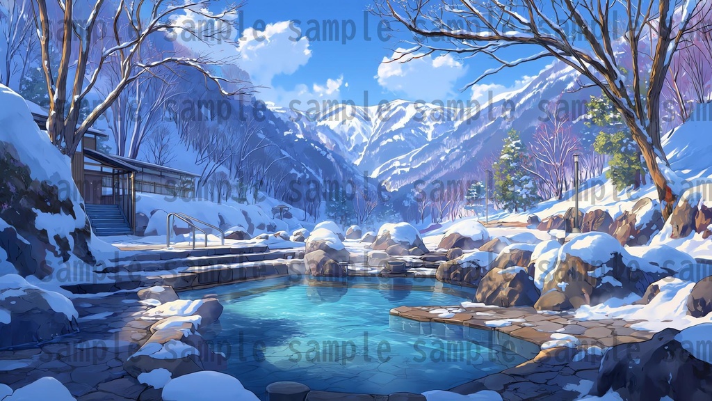 【120種/360枚】露天風呂の風景イラスト 季節・時間帯別【著作権フリー素材】春夏秋冬・昼・夕・夜の背景画