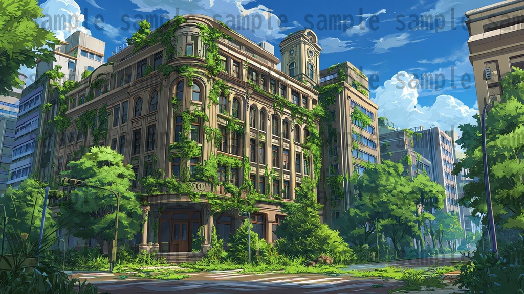 【155枚】ディストピア 植物支配都市~緑に呑まれた街~ 背景イラスト【著作権フリー素材】終末世界風景