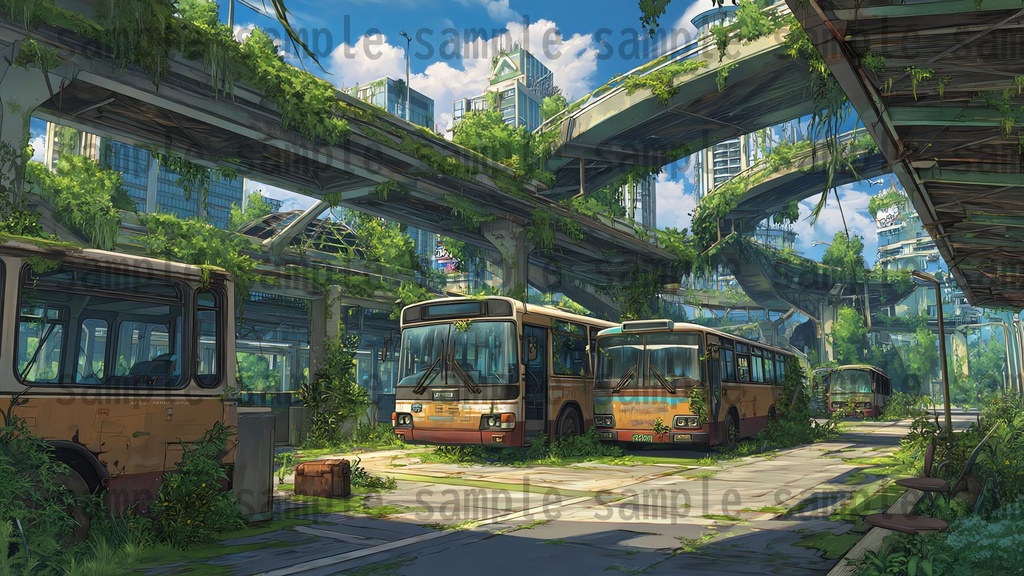 【155枚】ディストピア 植物支配都市~緑に呑まれた街~ 背景イラスト【著作権フリー素材】終末世界風景