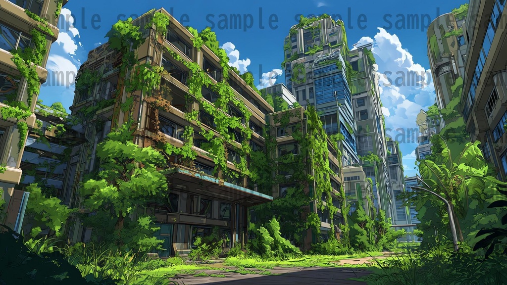 【155枚】ディストピア 植物支配都市~緑に呑まれた街~ 背景イラスト【著作権フリー素材】終末世界風景
