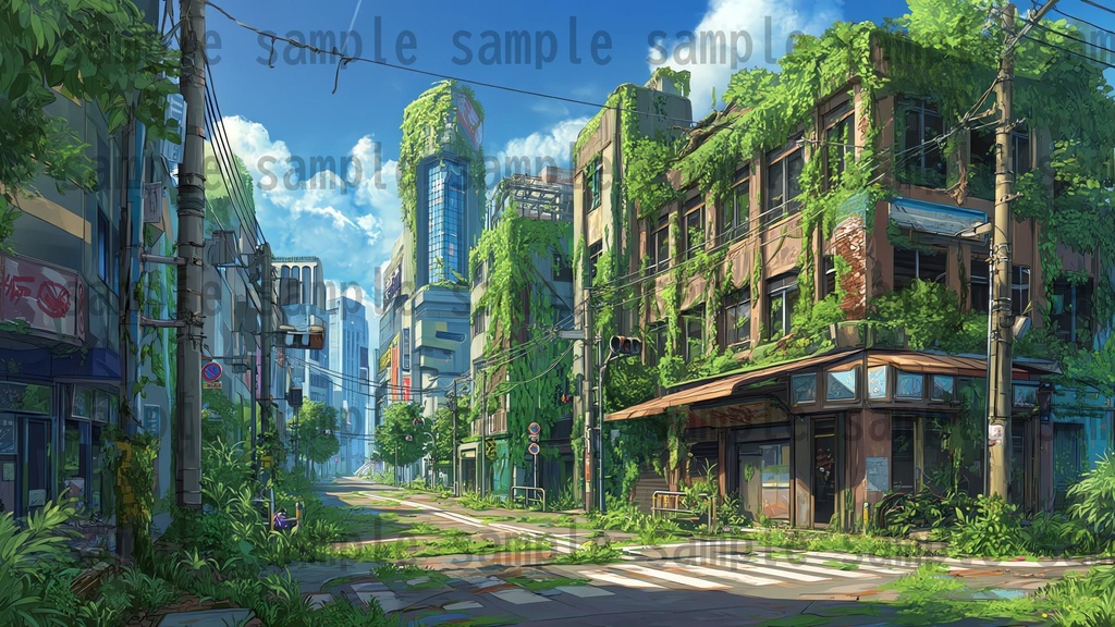 【155枚】ディストピア 植物支配都市~緑に呑まれた街~ 背景イラスト【著作権フリー素材】終末世界風景