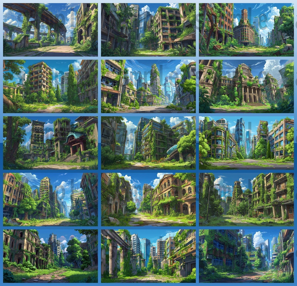 【155枚】ディストピア 植物支配都市~緑に呑まれた街~ 背景イラスト【著作権フリー素材】終末世界風景