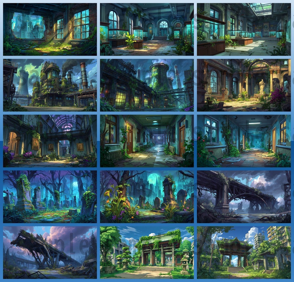 【155枚】ディストピア 植物支配都市~緑に呑まれた街~ 背景イラスト【著作権フリー素材】終末世界風景