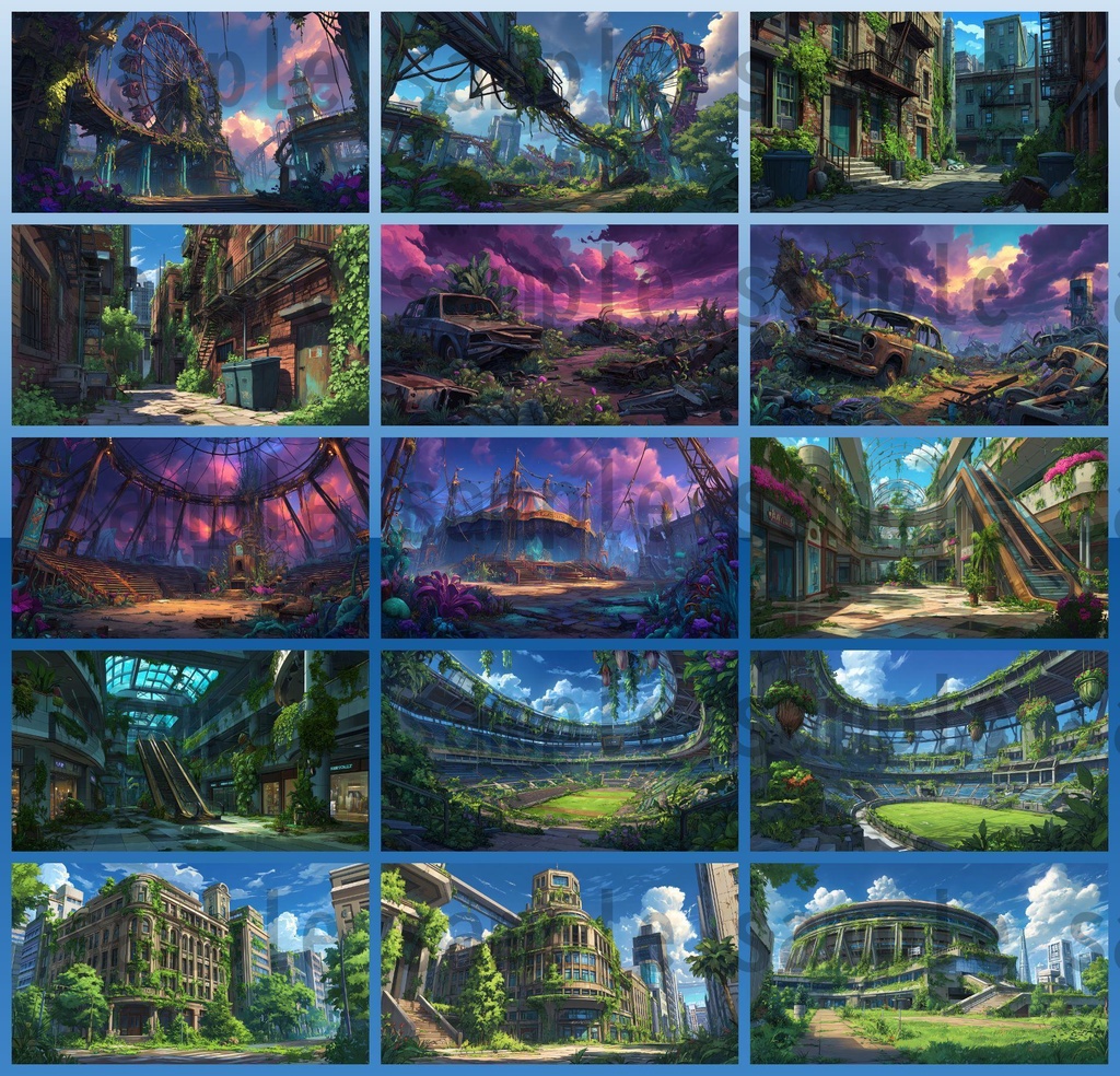 【155枚】ディストピア 植物支配都市~緑に呑まれた街~ 背景イラスト【著作権フリー素材】終末世界風景