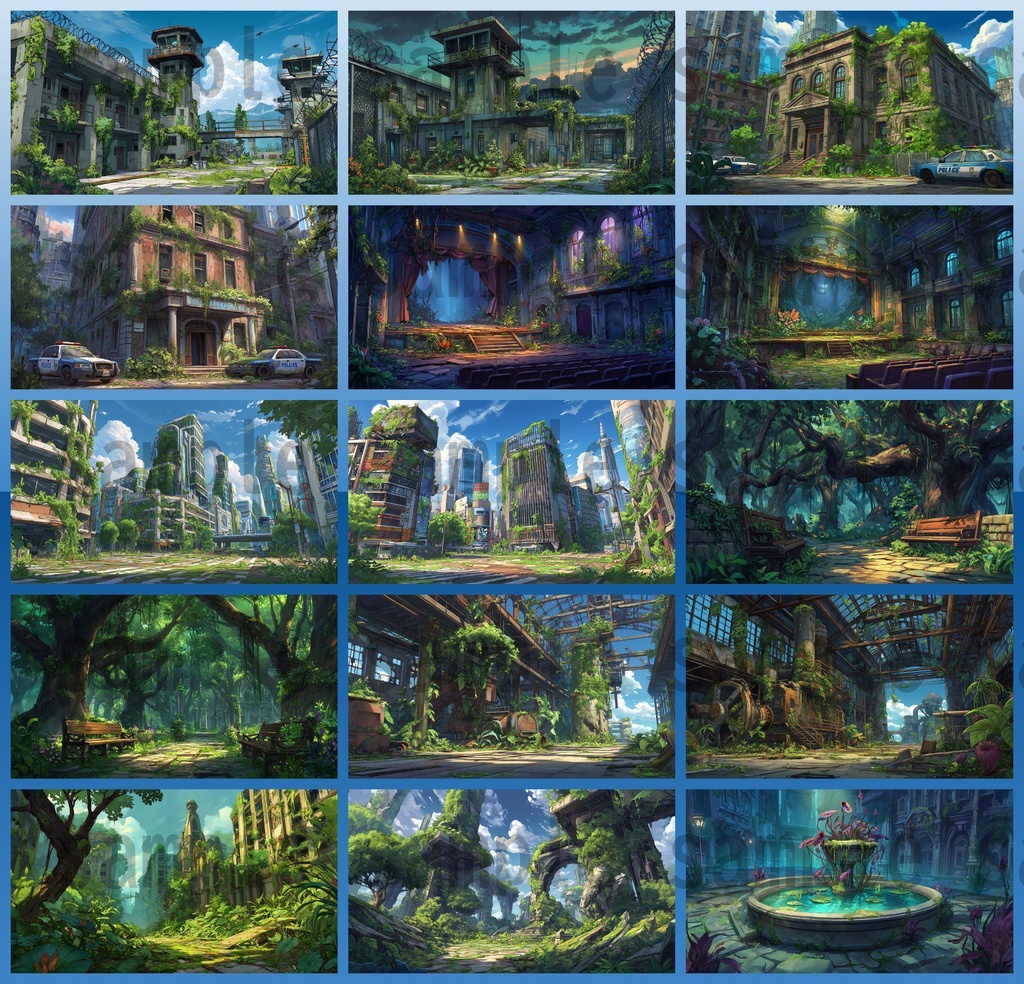 【155枚】ディストピア 植物支配都市~緑に呑まれた街~ 背景イラスト【著作権フリー素材】終末世界風景